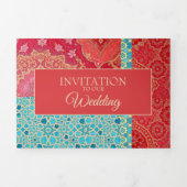 オリエンタルレッドターコイズパターン – 招待状カード 三つ折り招待状 (カバー)