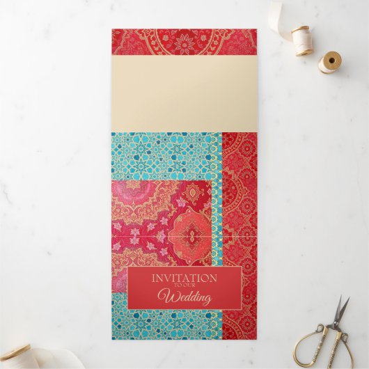 オリエンタルレッドターコイズパターン – 招待状カード 三つ折り招待状 (外部)