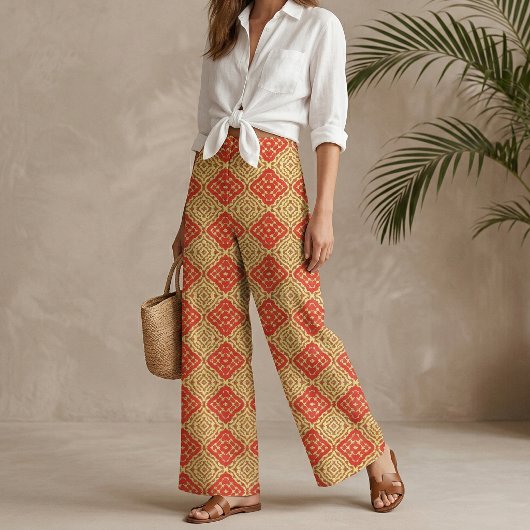 オリエンタルレッド&イエローモザイク幾何学模様 ファブリック