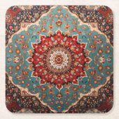 オリエンタルレトロペルシャパターンレッドクリームブルー スクエアペーパーコースター (正面)