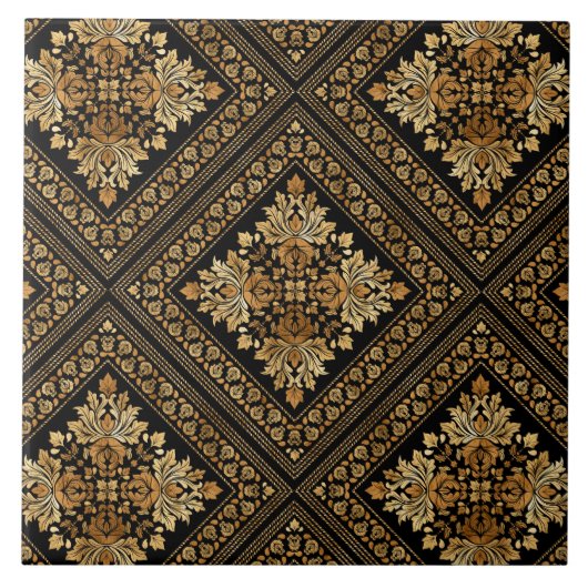 オリエンタルヴィンテージダマスクパターン – 黒と金ゴールド タイル (正面)