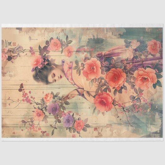 オリエンタルヴィンテージ芸者水彩画 薄葉紙 (正面)