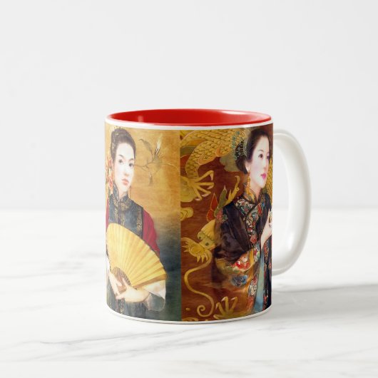 オリエンタル中国のレディ鮮やかポートレートコラージュ ツートーンマグカップ (正面右)