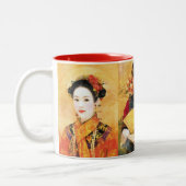 オリエンタル中国のレディ鮮やかポートレートコラージュ ツートーンマグカップ (左)