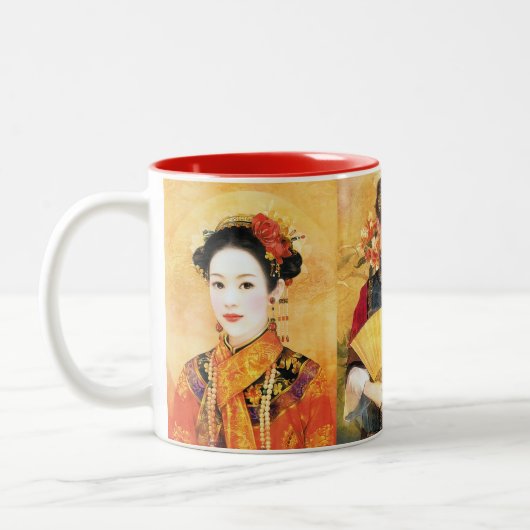 オリエンタル中国のレディ鮮やかポートレートコラージュ ツートーンマグカップ (左)