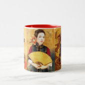 オリエンタル中国のレディ鮮やかポートレートコラージュ ツートーンマグカップ (中央)