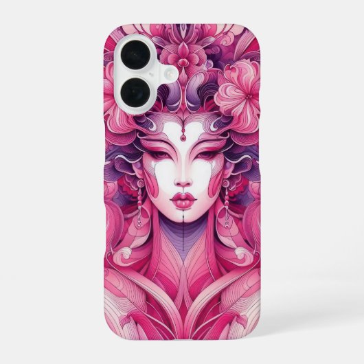 オリエンタル抽象的対称芸者ピンクの花 iPhone 16ケース (裏面)