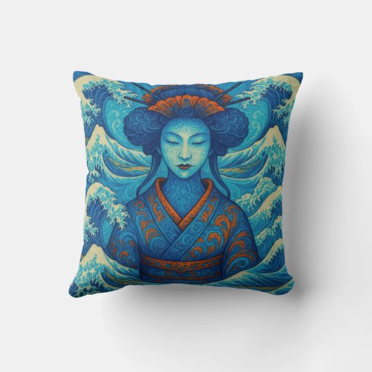 オリエンタル美しい芸者神奈川青波 クッション (裏面)