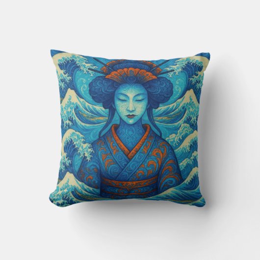 オリエンタル美しい芸者神奈川青波 クッション (正面)