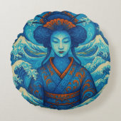 オリエンタル美しい芸者神奈川青波 ラウンドクッション (正面)