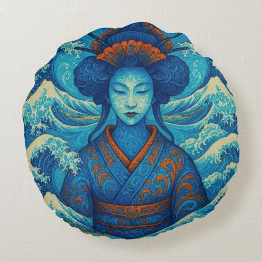 オリエンタル美しい芸者神奈川青波 ラウンドクッション (裏面)