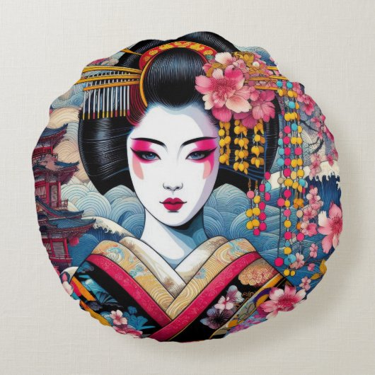 オリエンタル美しい芸者舞妓桜花波 ラウンドクッション (裏面)