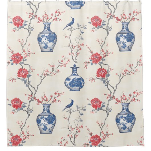 オリエンタル・エレガンス：青い磁器と花 シャワーカーテン (正面)