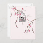 オリジナルさくらんぼの花の鳥のアートワーク ポストカード (正面/裏面)