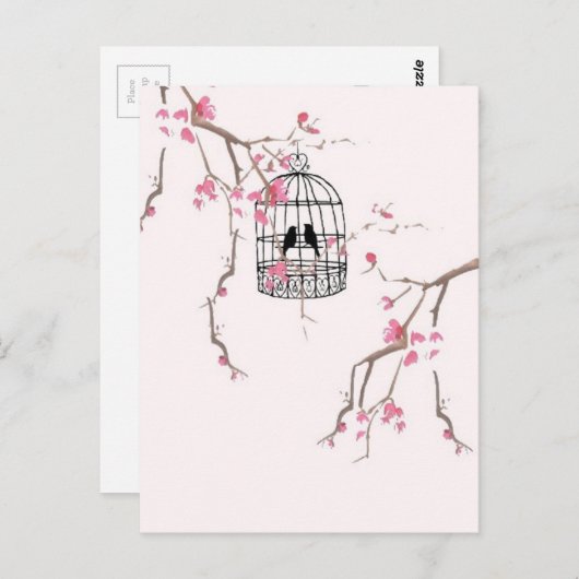 オリジナルさくらんぼの花の鳥のアートワーク ポストカード (正面/裏面)