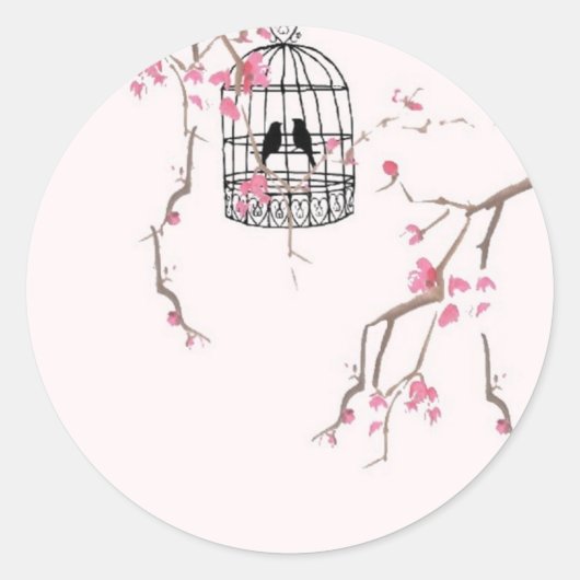 オリジナルさくらんぼの花の鳥のアートワーク ラウンドシール (正面)