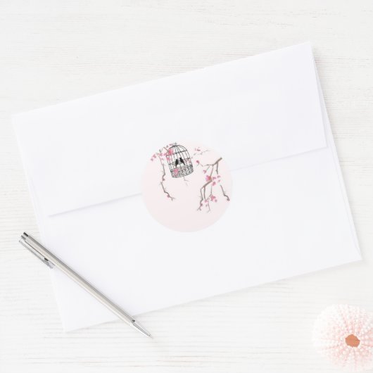 オリジナルさくらんぼの花の鳥のアートワーク ラウンドシール (封筒)