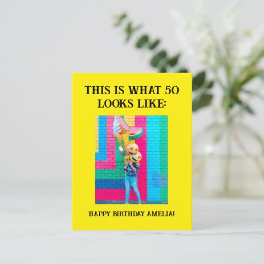 オリジナルでユーモアあふれる50歳の節目誕生日 ポストカード (スタンド正面)