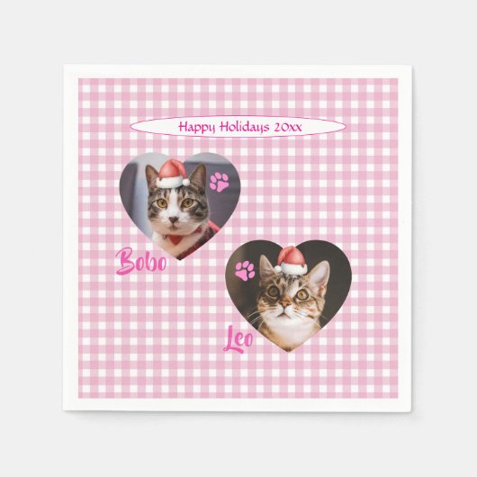 オリジナルのかわいい猫2匹の写真入りスクリプト ホリデー スタンダードカクテルナプキン (正面)