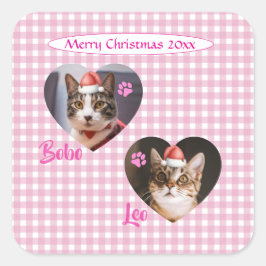オリジナルのかわいい猫2枚の写真スクリプト クリスマス スクエアシール