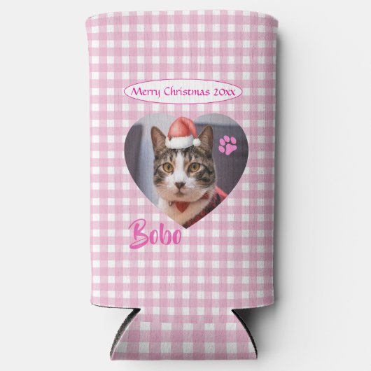オリジナルのかわいい猫2枚の写真スクリプト クリスマス スリム缶クーラー (正面)