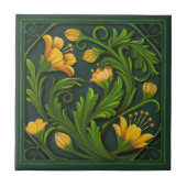 オリジナルのアートワーク緑と黄色の花 タイル (正面)