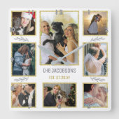 オリジナルのウェディングまたは家族の8枚の写真のコラージュを作成する スクエア壁時計 (正面)