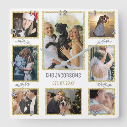 オリジナルのウェディングまたは家族の8枚の写真コラージュを作成 スクエア壁時計 (正面)