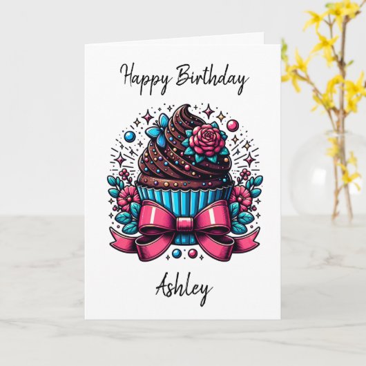 オリジナルのカップケーキとぬりえの誕生日カード カード (黄色い花)