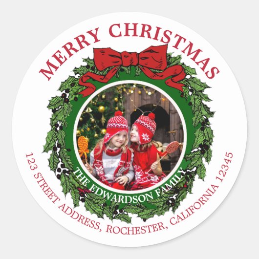 オリジナルのクリスマス写真返信住所ラベルを作成 ラウンドシール (正面)