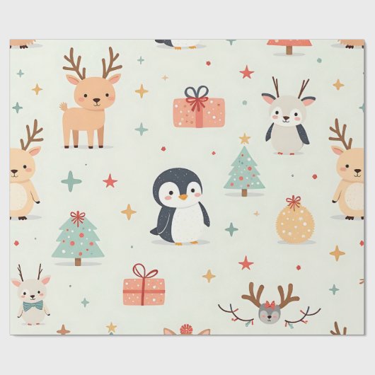 オリジナルのグリーン可愛いクリスマス動物 ラッピングペーパー (フラット)