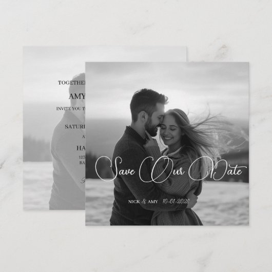 オリジナルのシンプルモダンな冬のウェディングカード 招待状 (正面/裏面)