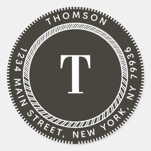 オリジナルの差出人住所ラベルを作成、エレガントなモノグラム ラウンドシール (正面)