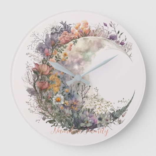 オリジナルの幻想的な春の花のクレセントムーンデザイン ラージ壁時計 (正面)