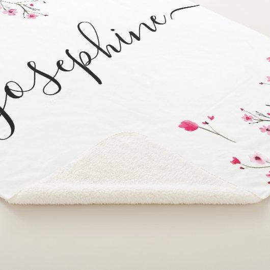 オリジナルの桜の花の水彩画をあしらったパーソナライズされたベビーギフト シェルパブランケット (3/4)