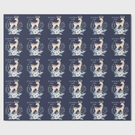 オリジナルの水彩画の鹿と花の冬のブルー ラッピングペーパー (フラット)