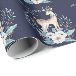 オリジナルの水彩画の鹿と花の冬のブルー ラッピングペーパー