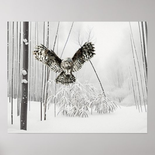 オリジナルの水彩画 狩猟するフクロウ 鳥のアート ポスター (正面)