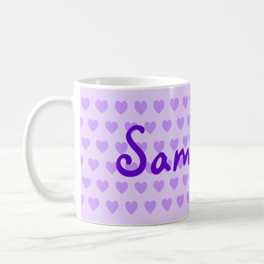 オリジナルの淡い紫のハートをデザインしたパーソナライズギフト コーヒーマグカップ (左)