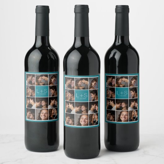 オリジナルの結婚式写真コラージュモノグラムを作成 ワインラベル (ボトル)