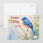 オリジナルの青い鳥の花の水彩画の誕生日 ポストカード (正面/裏面)