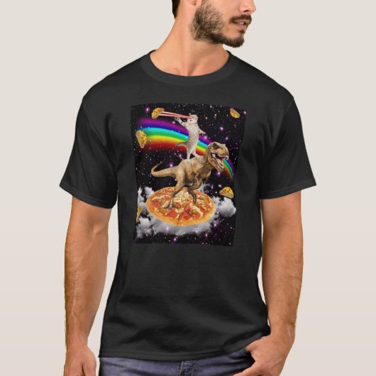 オリジナルのGalayレーザーアイキャットが恐竜の上に乗ってπに乗っている Tシャツ (正面)