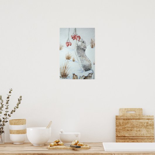 オリジナルアートかわいいフィールドマウス雪のシーン野生動物 ポスター (キッチン)