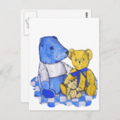オリジナルアートのピクニッククロスに座る3匹のかわいいテディベア ポストカード (正面/裏面)