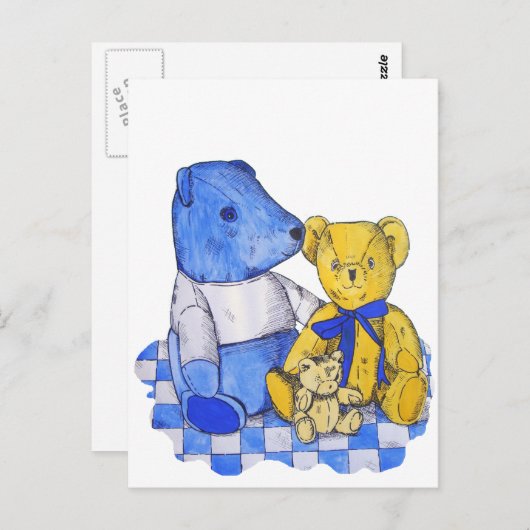オリジナルアートのピクニッククロスに座る3匹のかわいいテディベア ポストカード (正面/裏面)