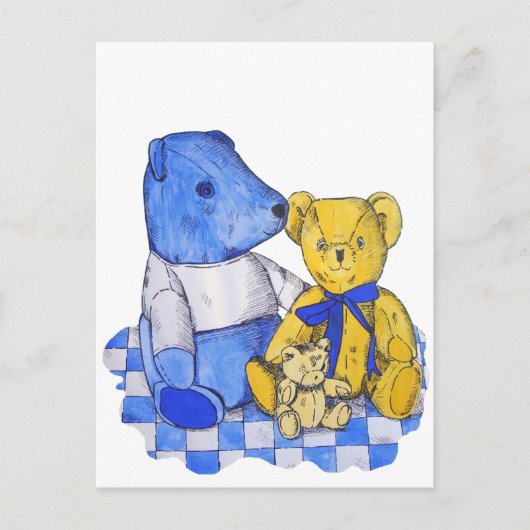 オリジナルアートのピクニッククロスに座る3匹のかわいいテディベア ポストカード (正面)