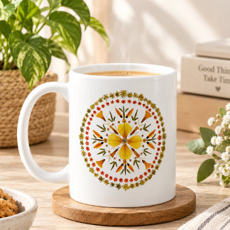 オリジナルアートの黄色い曼荼羅押し花デザイン コーヒーマグカップ