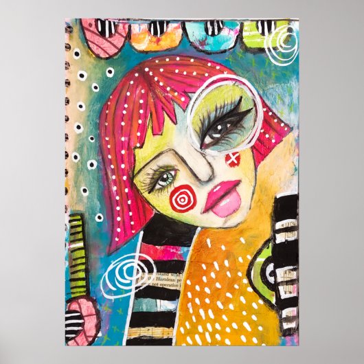 オリジナルアートカラフル抽象芸術お洒落ピンクガール ポスター (正面)
