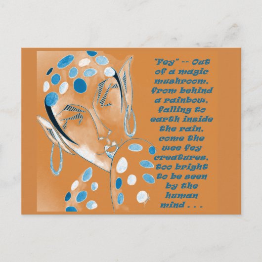 オリジナルアート付きポストカード – オレンジ小妖精や小人付き/文字 ポストカード (正面)