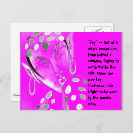 オリジナルアート付きポストカード – -明るい赤紫色妖精/小妖精や小人 ポストカード (正面/裏面)